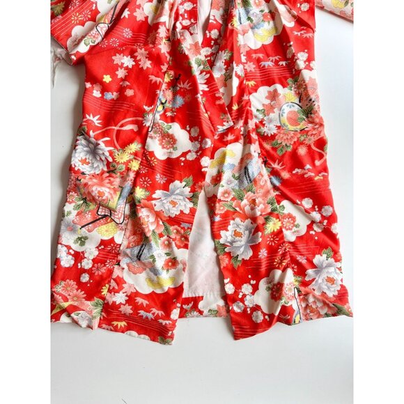 Vintage Made in Japan Red Oriental Japanese Floral Print Kimono, One Size - Picture 11 of 16